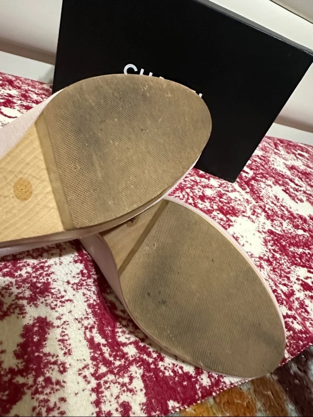 CHANEL Light Purple Canvas Mules with Red Flower Accent